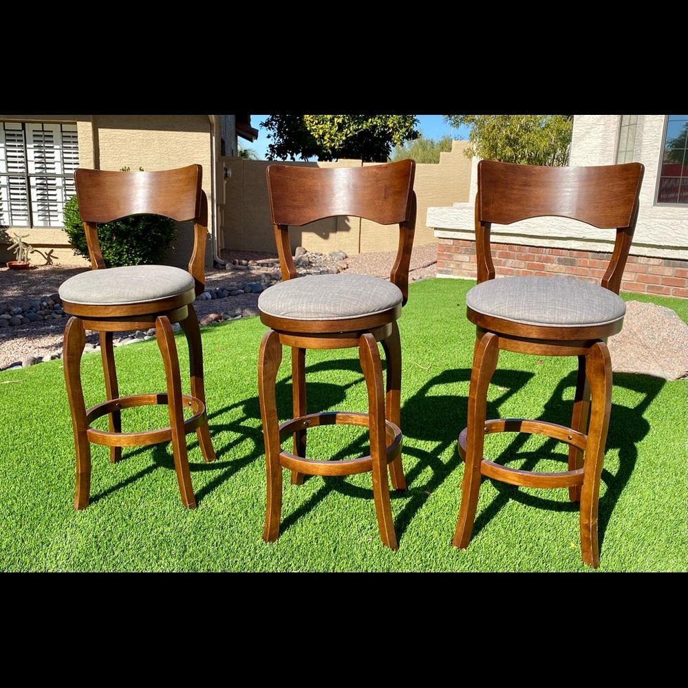 Beautiful Like New Bar Height Stools (3) wood with greige linen fabric